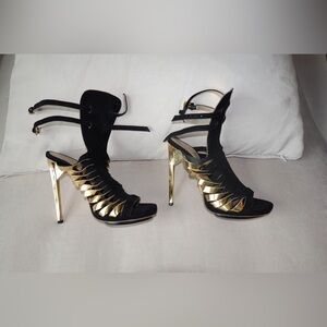 Herve Leger Black and Gold Strappy Heels
